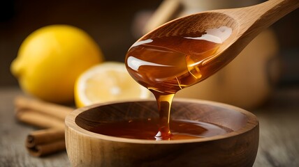 Rich Golden Honey Flowing from a Wooden Spoon into a Rustic Wooden Bowl