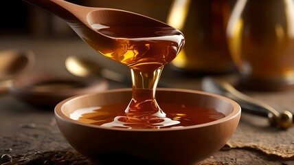 Rich Golden Honey Flowing from a Wooden Spoon into a Rustic Wooden Bowl