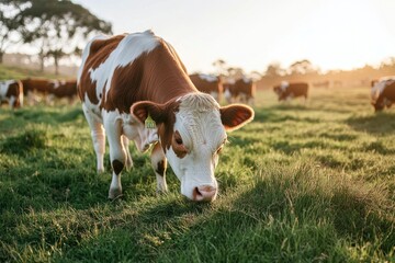 beautiful cattle in Australia eating grass, grazing on pasture. Herd of cows free range beef being regenerative raised on an agricultural farm. generative ai