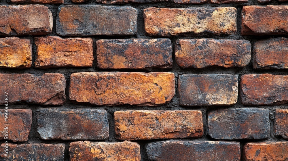 Poster a weathered brick wall with a rich tapestry of colors, showcasing the enduring beauty of age and the