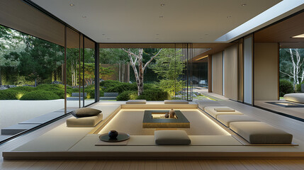 Open-concept living room with a Japanese-inspired sunken seating area (horigotatsu), paired with clean-lined modern furniture and floor-to-ceiling windows overlooking a tranquil garden.