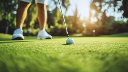 A golfer lines up his shot on the green.