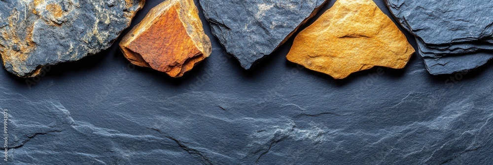 Poster A close-up view of a natural slate surface, featuring a border of different colored rock fragments.