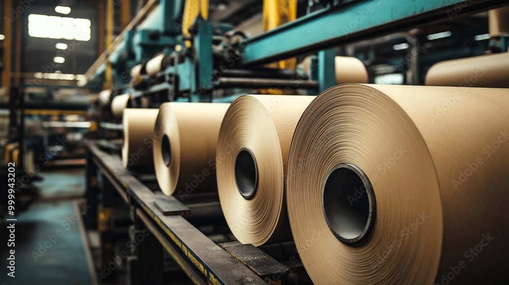 Poster a factory line of paper rolls with a blue background. the rolls are stacked and appear to be in the 