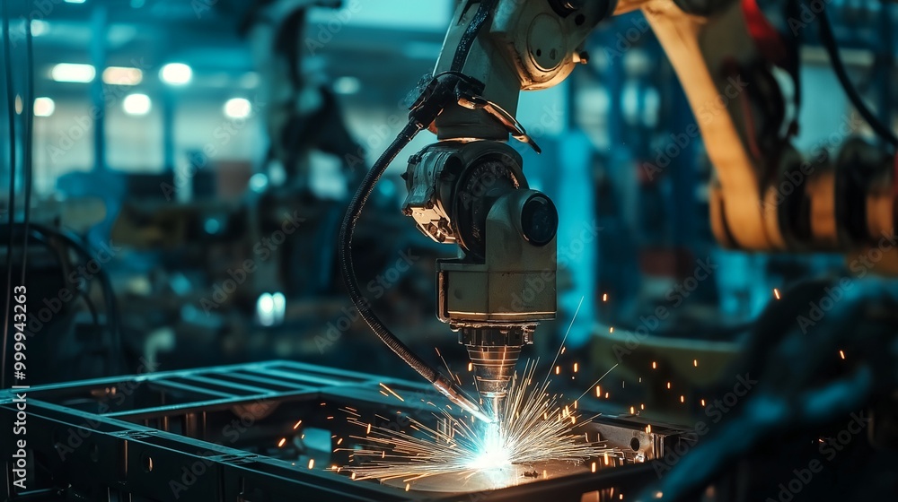 Poster a robot is working on a piece of metal in a factory. the robot is surrounded by sparks and the atmos