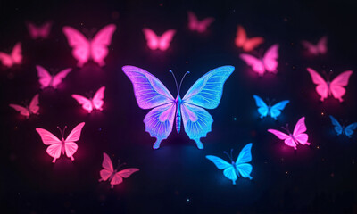 Neon origami butterfly background with glowing fluorescent butterflies on a dark backdrop