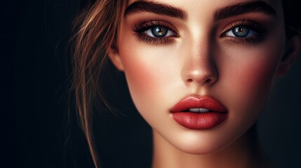 Fototapeta premium A beauty portrait of a woman with striking facial features, including full lips, bold brows, and sharp cheekbones, with flawless makeup and perfect lighting.