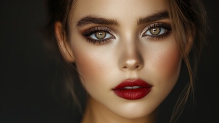 Fototapeta premium A beauty portrait of a woman with striking facial features, including full lips, bold brows, and sharp cheekbones, with flawless makeup and perfect lighting.