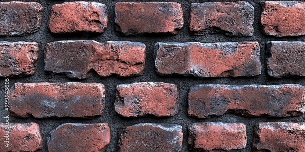 Poster A brick wall with unevenly shaped bricks, each featuring a distinctive reddish-brown hue and a hint of gray, showcasing a rustic and weathered texture.