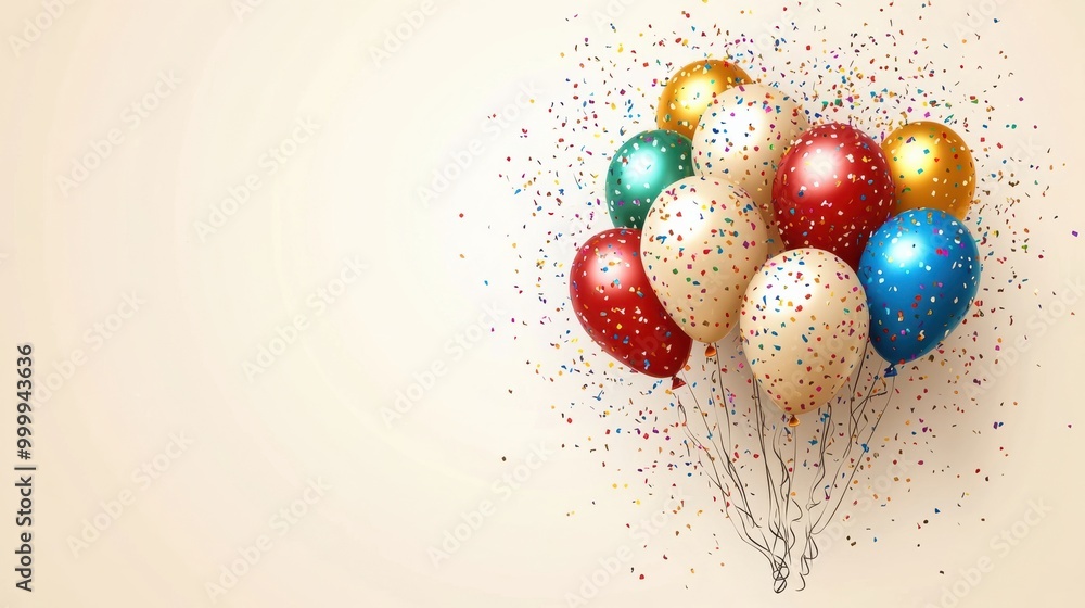 Poster a cluster of colorful balloons with confetti scattering in the background, signifying joy and celebr