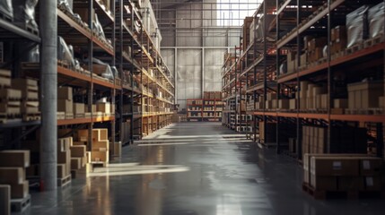 Warehouse Interior with Rows of Shelves