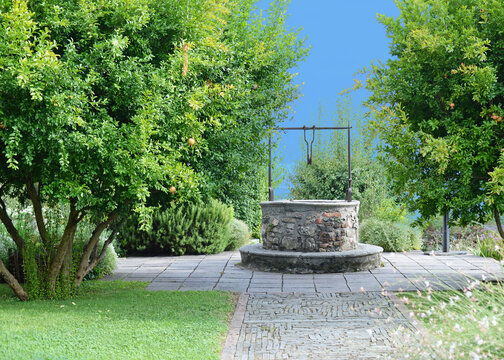 Medieval stone wishing well in Rocca Borromeo di Angera flanked by fruit-bearing pomegranate trees (Punica granatum, Lythraceae) on a summer day with clear blue sky, Italy