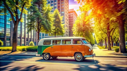 Fototapeta premium Colorful Microbus in Urban Setting Surrounded by Trees and Buildings on a Sunny Day