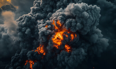 Dramatic explosion with dark smoke and fire, creating intense clouds of destruction, energy, and chaos in a powerful display of force