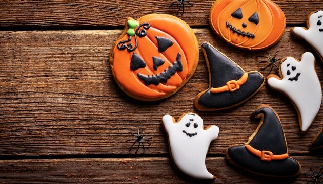 Fall, Halloween inspired cookies on wooden background
