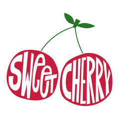 Illustration of some cherries with the word sweet cherry inside, illustration for a t-shirt