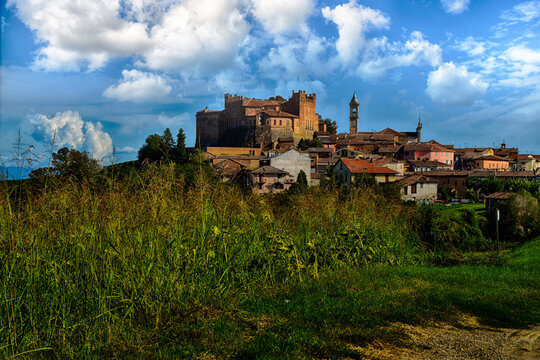 Hilltop village with Castello di Montemagno, Asti, Piedmont, Italy
