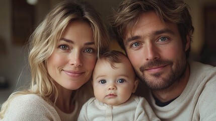 young parents with newborn baby and small toddler son at home