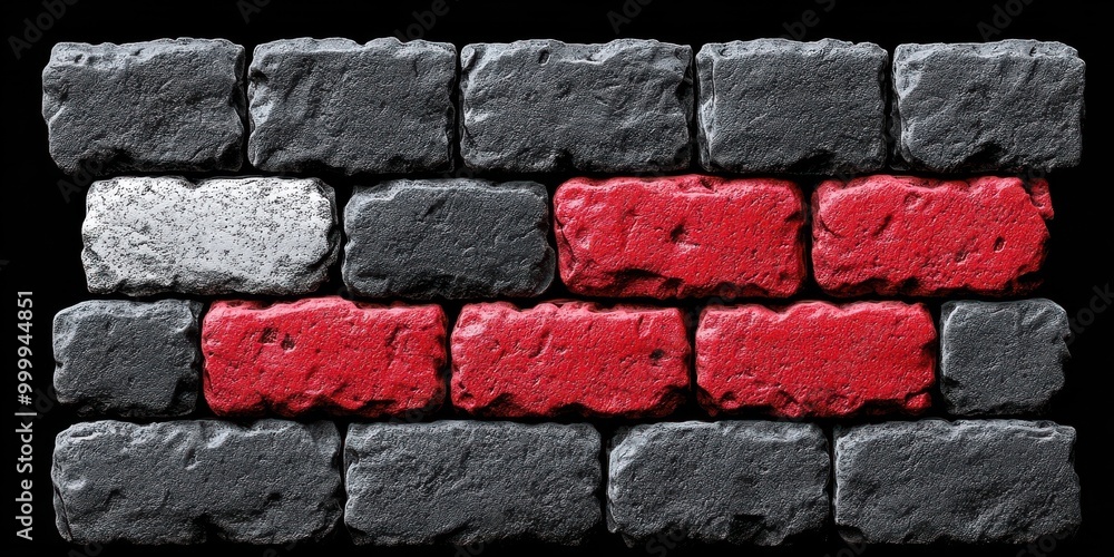 Aufkleber a wall of dark grey bricks with a single white brick and a row of red bricks