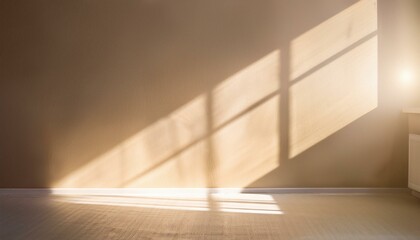 Light on the background wall. Shadow from the window and sunlight. White rays of the sun in a bright empty room. Shade overlay. Modern studio in beige tones. interior of a room with a window