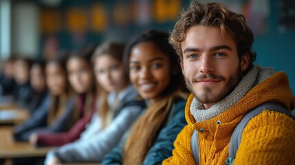 Obraz premium young students with teacher at desks at college or university coronavirus concept
