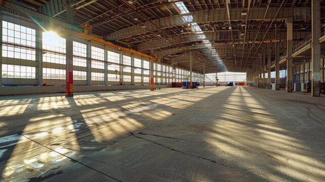 Sunlight Streaming Through Windows of an Empty Industrial Hangar