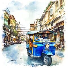 Obraz premium Watercolor Painting of a Tuk Tuk Driving Down a Narrow Street in Thailand.