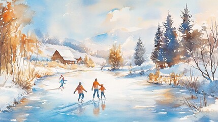 Winter Watercolor Landscape with Family Skating