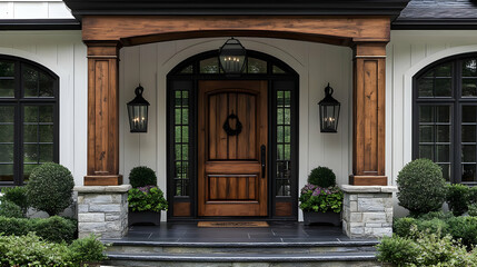Fototapeta premium White Farmhouse Exterior with Black Windows and Wooden Columns