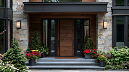Fototapeta premium Modern Home Entrance with Stone Walls and Wooden Door