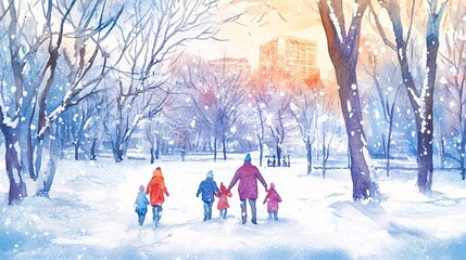 Family Enjoying a Snowy Day in Watercolor Illustration