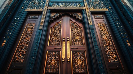 Obraz premium A beautifully ornate wooden door adorned with intricate carvings and golden accents, showcasing architectural artistry.