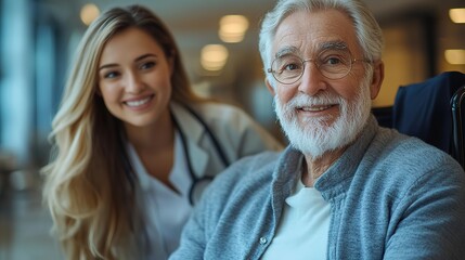 young woman physiotherapist working with a senior man in wheelchair