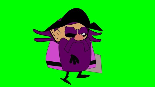 2d animated character of  White pirate man in long purple dress and paper sheet of treasure map in his hands on the sea riding a ship and walking cycle loop cartoon animation. in green screen 