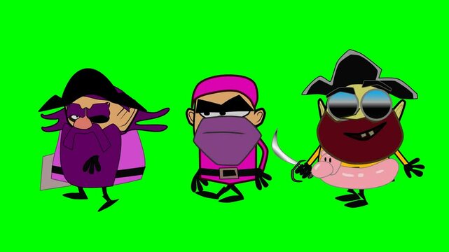 2d animated character of  Three pirate men in sailor's clothes and hats walking Animate Cycle and Lupe with a dagger and a paper map of treasure and... in green screen background