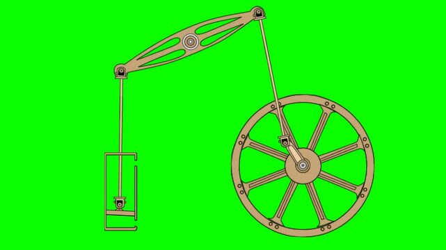 2d animated character of  A wooden wheel of a water purification machine or a water mill pulling a weight with a rope through a well valve. in green screen background chroma key.