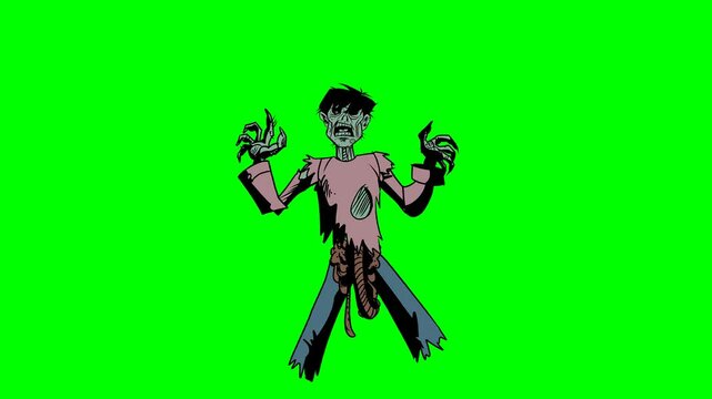 2d animated character of  A scary violent zombie man or woman shaking and walking and scaring people about to eat people in bloody dirty torn clothes. in green screen background