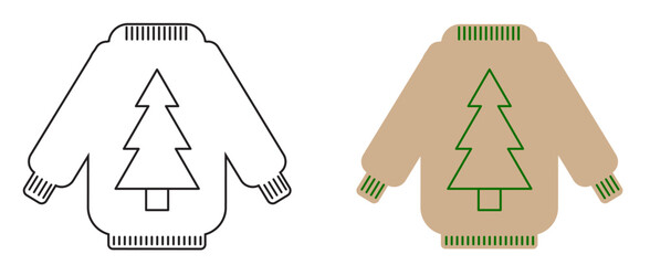 Swaetr with fir (spruce) print in two versions (variants): linear (outline) and colored. Fashion. Lifestyle. Object. Clothes. Vector illustration.