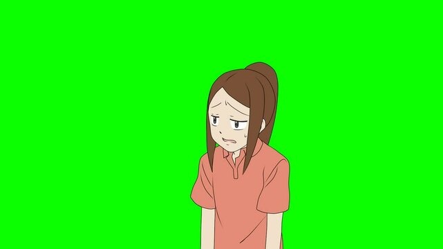 2d animated character of  Scared and shocked little girl, nervous attack, heart attack, stress, stunned, speechless, surprised  . in green screen background chroma key.