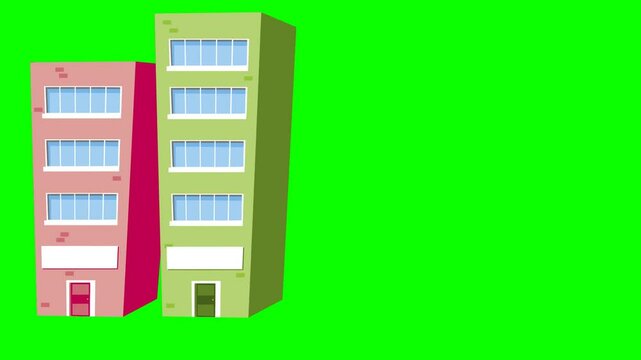2d animated character of  The image moves from left to right and the yellow taxi passes in front of the tall and small red green build 3d . in green screen background chroma key.