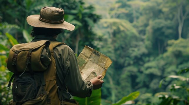 Explorer Looking at Map in Tropical Rainforest