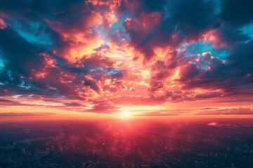 Obraz premium Dramatic Red and Orange Sunset Sky with Clouds, Panoramic Aerial View