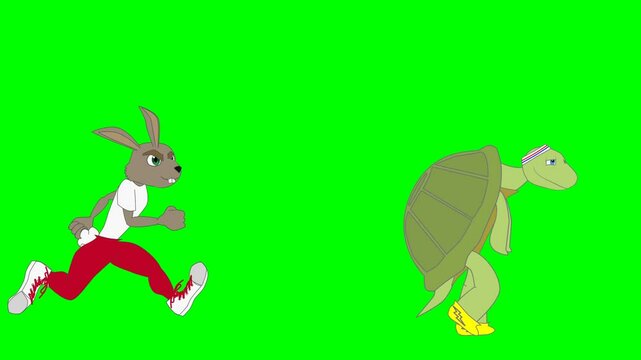 2d animated character of  story of rabbit and tortoise speed race where rabbit hits a tree and falls to ground and tortoise wins race  . in green screen background chroma key.
