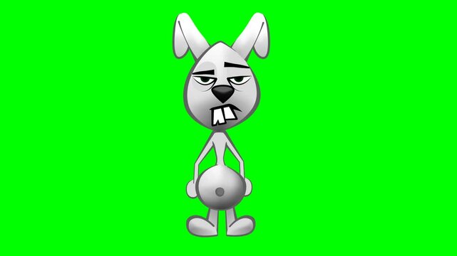 2d animated character of  Turning the head of a white or gray rabbit with big teeth who is reluctant and suddenly surprised by something  . in green screen background chroma key.