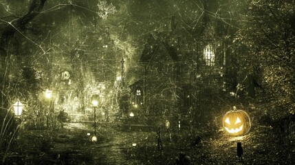 Obraz premium Eerie forest shrouded in mist. Glowing jack-o'-lantern illuminates shadowy path. Twisted trees loom overhead. Floating lanterns cast warm light through foggy air.