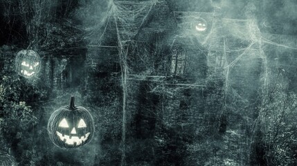 Fototapeta premium Misty medieval castle looms in darkness. Ghostly jack-o'-lantern floats in foreground, casting eerie glow. Towering spires and arched windows barely visible through fog. 