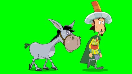 2d animated character of  clown or slave of king and donkey walking and moving towards palace to perform show, man in green cloak with hat  . in green screen background chroma key.