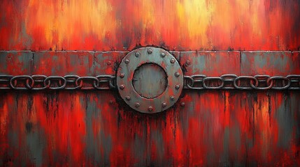 A Rusty Metal Panel With a Circular Porthole and a Chain