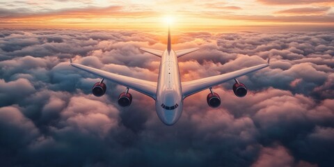 Commercial airplane flying above dramatic clouds during sunset