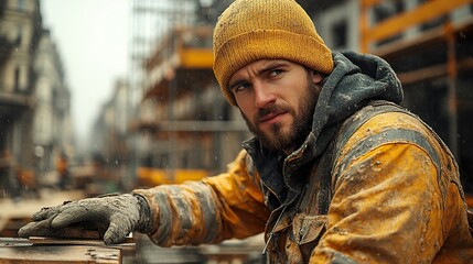 Fototapeta premium Construction Worker Measuring and Cutting Materials with Precision